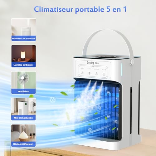 Portable Mobile Air Conditioner, 1100ML Air Cooler with 3 Air Speeds & 3 Cooling Mists, 2-8H Timer & 7 LEDs, USB Mobile Clim for Bedrooms, Apartments and Offices