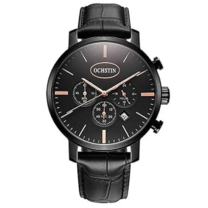 Ochstin Business Casual Full Chronograph Auto Date Slim Watch with Black Leather Strap for Men and Boys