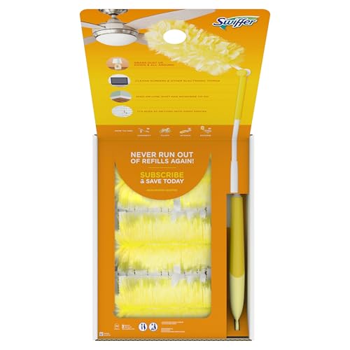 SWIFFER DUSTER HEAVY DUTY DUSTING KIT, CLEANING SUPPLIES, 3 FT EXTENDED HANDLE, 1 DUSTER, 12 REFILLS
