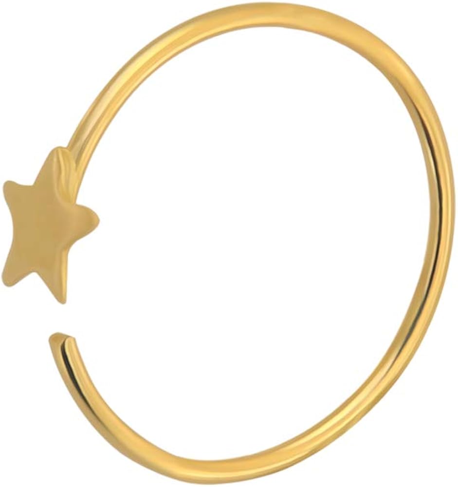 AZARIO LONDON 14K Solid Yellow Gold Plain Flat Star 22 Gauge - 8MM Diameter Open Hoop Nose Piercing Ring Jewellery