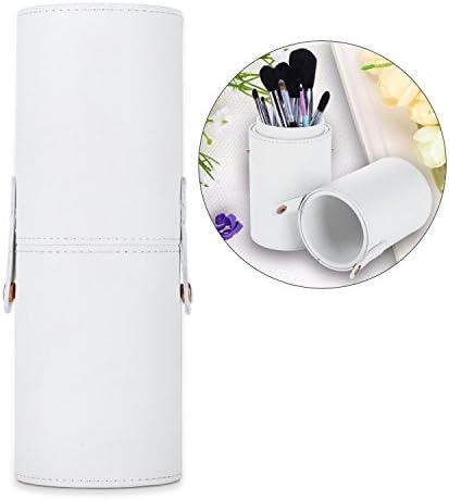 Aspior Makeup Brush Holder Travel Make Up Brushes Case Pen Pencils Storage Cup Cylinder Round Organizer on Bathroom Countertop Office Use, PU Leather White…