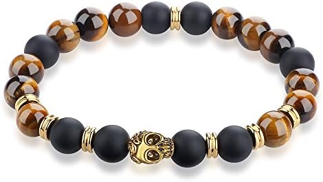 BELAWANG Natural Men's Tiger Eyes Stone Bead Wrist Bracelet - Tiger Eyes Gold Plated Skull head - Jewelry for Father's Day,8mm (Brown)