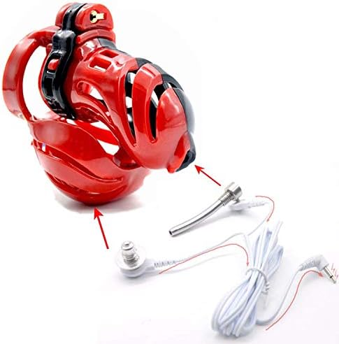 Love Products New Male Chastity Device Ball Stretcher 3D Design Cage Electric Shock Chastity Cages Lock Ring Privacy Funny Toys Pursuit of Pleasure t-Shirt,Electric Shock red,45mm Ring