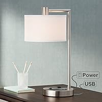 Colby Modern Desk Table Lamp with Hotel Style USB and AC Power Outlet in Base Brushed Nickel White Linen Drum Shade for Bedroom Office - 360 Lighting