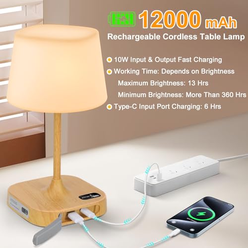 Eocean Rechargeable Waterproof Lamp for Shower, 12000mAh LED Cordless Table Bedside Lamp with USB Port, Small Wireless Battery Operated Touch Lamp for Bedroom, Bathroom, Kitchen, Outdoor