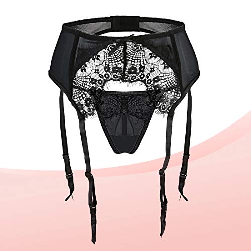 Slocyclub Women 3 Pieces Lace Garter Belt and Stockings Sets, Black, 3XL(US 12)