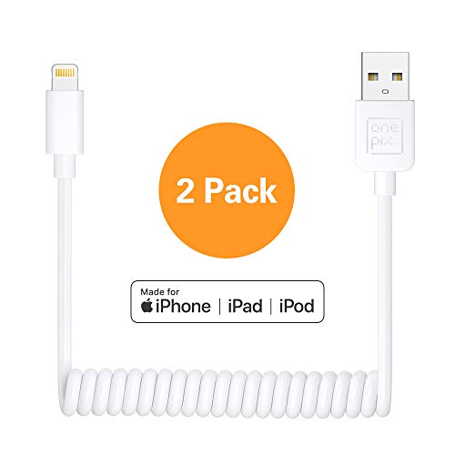 ONE PIX Coiled Lightning Cable for iPhone (2 Pack), MFi Certified Coil Car Charger Cable Compatible with iPhone 11/XS/XS Max/XR/X/8/8 Plus/7/7 Plus/6s/6s Plus/6/6 Plus/SE/5s/5c/5/iPad/iPod - White