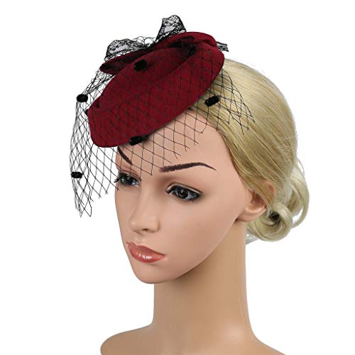 BCDshop_hairband clearance Girls Women Fashion Fascinators Tea Party Headpiece Headwear Mesh Net Beret Hat Tiara on a Hair Clip (Red) - Thumbnail 5