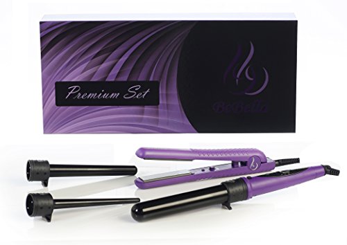 Bebella 4p Premium Pro Gift Set with 3 Piece Professional Clipless Hair Curling Iron System and Premium Pro Professional 1.25