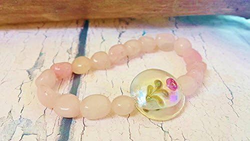 Feminine Love Stone Yoga Bracelet ~ Natural, Tumbled Rose Quartz &amp; Lamp Worked Rose ~ Great Valentines Day Gift for Girlfriend, Wife