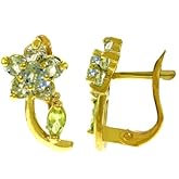 Galaxy Gold GG 1.72 Carat 14k Solid White Gold Natural Aquamarine and Peridot Flower French Clip Earrings