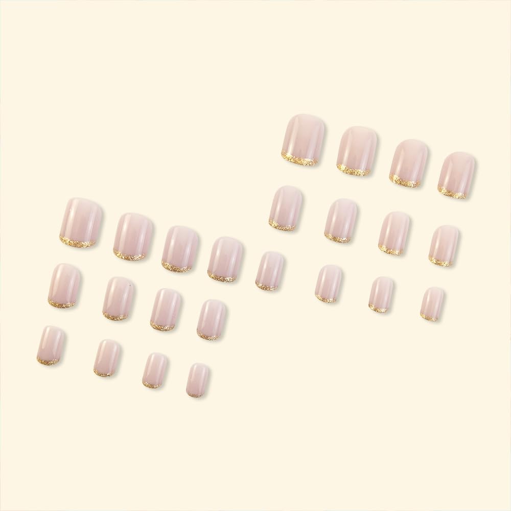 Stbisen Press On Nails Short Square, Pink Fake Nails with French Tips and Gold Border Accent Glitter Designs, Glossy Gel Finish Acrylic Nails Press Ons Short, Thick Natural Reusable Glue On Nails Kit - Image 3