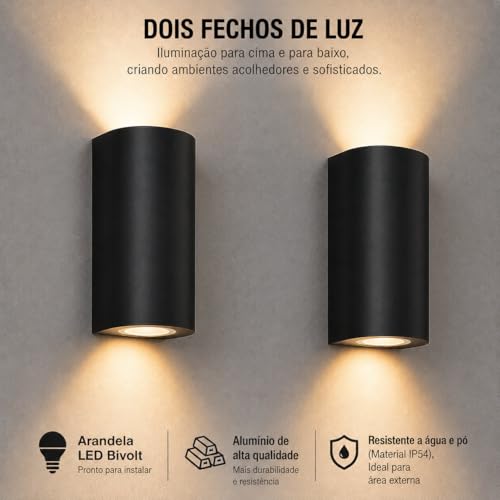 Luminária Arandela LED Externa 2 Fachos Redonda IP54 Preta para Fachadas