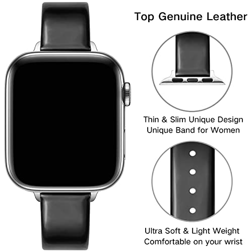 GONWEN Slim & Thin Leather Bands Compatible with Apple Watch Band 38mm 40mm 42mm 44mm, Top Grain Genuine Leather Band Replacement Wristband Strap for iWatch SE Series 6/5/4/3/2/1 (Bright Black/Silver, 38mm-40mm)