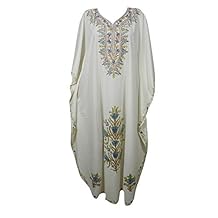 Mogul Interior Womens Caftan Maxi Dress Ivory Embroidered Kimono Kaftan One Size