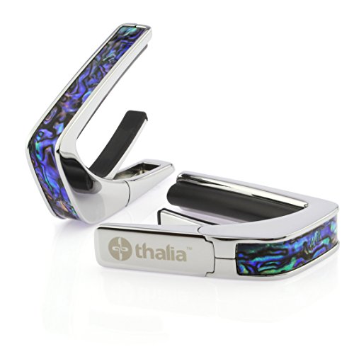 Thalia Capos 200 Series Professional Guitar Capo w/ 14 Interchangeable Fret Pads – For Acoustic, Classical, & Electric Guitars - Chrome Plated Finish with Blue Abalone Inlay
