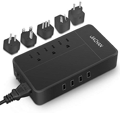Voltage Converter Travel Adapter 7.5A Step Down 220V to 110V with 3 Outlets and 4 Smart USB Charging Ports（Black） JIACHAN