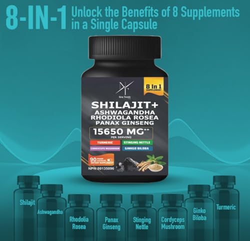 8-in-1 Shilajit Himalayan Organic Supplement with Shilajit 9000, Ashwagandha 2000MG, Rhodiola Rosea 1000MG, Panax Ginseng 1500MG, Cordyceps Mushroom 500MG, Gingko Biloba 500MG, Stinging Nettle 250MG, Turmeric (15,250 MG - 90 Caps)