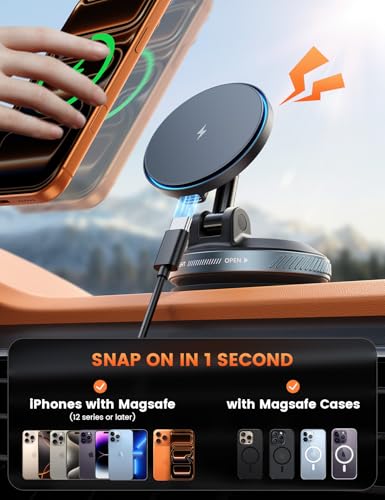 Lamicall 15W for MagSafe Car Mount Charger - Dual USB-C Ports,Magnetic Wireless Car Charger,Suction Cup Phone Mount, Vacuum Magnetic Phone Holder for Truck Jeep for iPhone 17 Pro Max 16 15 14 Black