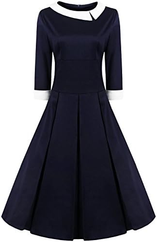 Jabey Women's Peter Pan Collar Full Circle Swing Dress (X-Large, Navy Blue)