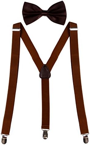 Sunny Ocean Men's Suspenders Heavy Duty and Pre-Tied Bow Ties Set Solid Brown