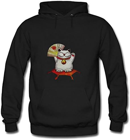 Maneki neko on a red pillow with japanese fan Mens Pullover Hoodie Sweatshirt Size M Black