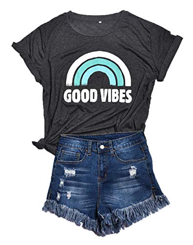 YASAKO Plus Size Women Tops Short Sleeve T Shirts Good Vibes Casual Tee Shirts Cute Graphic Tunic,Green,XL