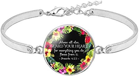 Tuoke Fashion Bible Verse Bracelet Christian Brave Scripture Inspirational Adjustable Bangle Bracelet Handmade Glass Silver Plated Jewelry for Women Faith Gifts