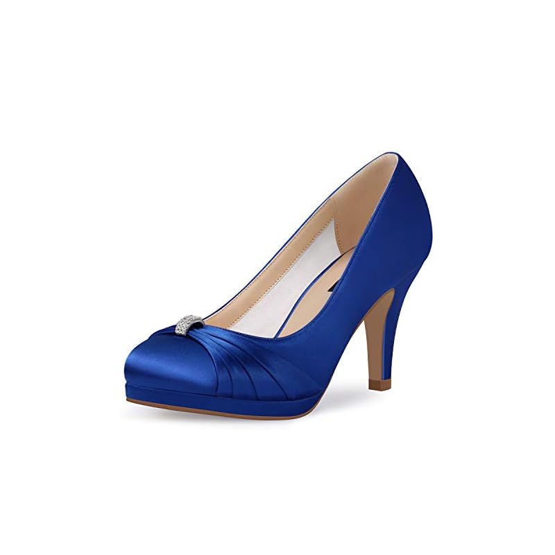 ERIJUNOR E0113 Women Comfortable Mid Heel Pumps Closed Toe Rhinestone Brooch Satin Evening Prom 