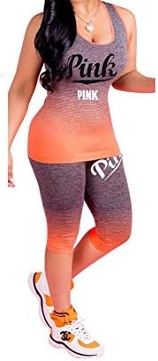HAOAN Women 2 Piece Pink Letter Print Outfits Round Neck Gradient Color Vest Tank Top Cropped Pants Set Jumpsuits