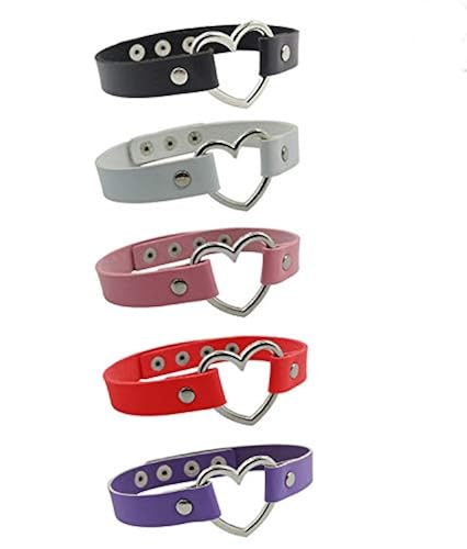 Calary PU Leather Goth O ring and Love Heart Collar Chain for