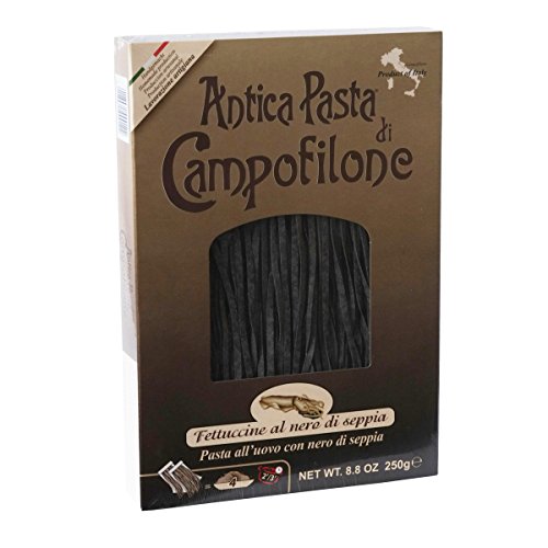 Campofilone Italian Squid Ink Fettuccine Egg Pasta | Marcozzi di Campofilone Traditional Dried Egg Pasta with Squid Ink Imported from Italy | 8.8oz (250g) - Pack of 3