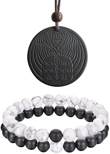 Anti EMF Radiation Protection Pendant, Volcanic Lava Negative Ions Scalar Energy Pendant Necklace and Distance Relationship Couples Bracelet Black Matte Agate & White Howlite Beads Bracelet