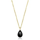 Gem O World Natural Black Onyx Pear Shape Pendant Necklace for Women | Gold Plated Hypoallergenic Protection Crystal Jewelry | Strength & Grounding Stone 16"+2" (Black Onyx)