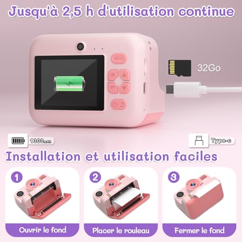 Instant Camera Child Gift Toy Girl Boy 3-12 Years, AWANFI Digital Video Camera 1080P 32GB Card with 3 Rolls of Paper and Bluetooth APP Printing