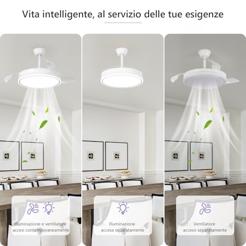 Tealight Plafoniera con Ventilatore a Scomparsa con Telecomando, LED Lampada con ventilatore da soffitto con Dimmerabile, Silenzioso, 6 Velocità, Motore DC Reversibile, per camere da letto, Soggiorni
