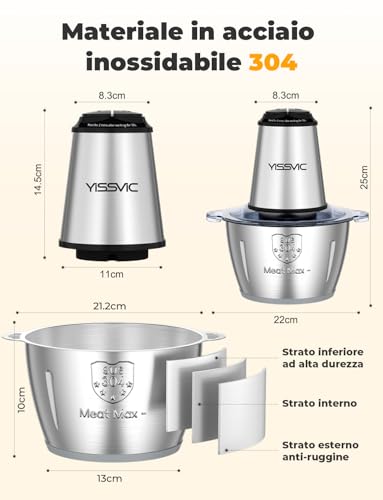 YISSVIC Electric Kitchen Chopper 2L, 500W, 2 Speed, 2×4 Blades, Stainless Steel Bowl, Non-Slip Ring, Dishwasher Safe, for Fruit Vegetables Meat Spices