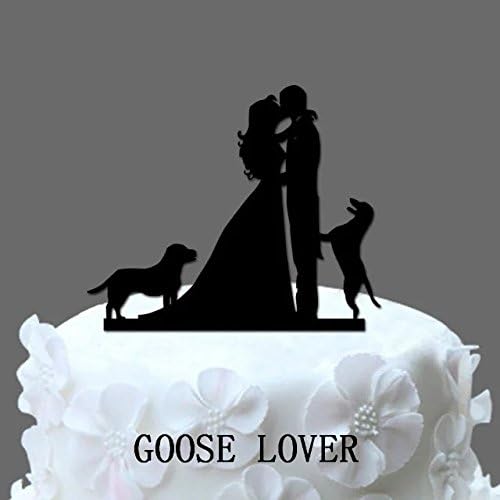 GOOSE LOVER(TM) Family Wedding Cake Topper With 2 Dogs Bride And Groom Rustic Cake Topper Wedding Silhouette Funny Wedding Cake Decor