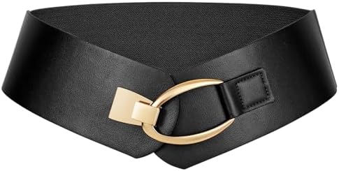 Wide Faux Leather Belt with Gold Metal Hook Buckle - Adjustable XS-XL Women Black Color Stretch Wide Faux Leather Belt Gold Hook  main image 2