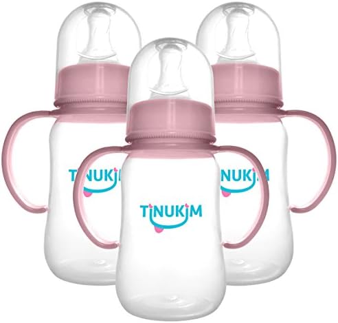Tinukim Easy Grip Baby Bottle with Handles - Anti-Colic Nursing System, 4 Ounce (Set of 3 - Pink)