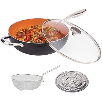 MICHELANGELO 5 Quart Nonstick Woks and Stir Fry Pans With Lid, Frying Basket & Steam Rack, Nonstick Copper Wok Pan With Lid, Ceramic Wok With Lid, Nonstick Frying Wok Flat Bottom, Induction Compatible