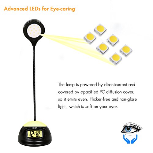 [New Version] iCKER 12 LED Desk Lamp with Alarm Clock for Bedrooms, Eye Protection Lamp for Readers, Kids, Students, Dual USB Ports Desk Clock for Phone Charging, Changeable Colors Nightlight, 7W - Thumbnail 2