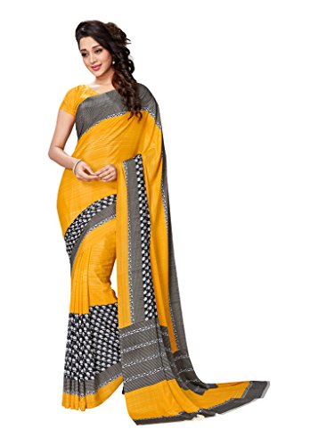 Rajnandini Women's Crepe Silk Printed Saree(JOPLRF77006_Yellow & Black_Free Size)
