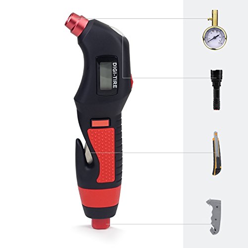 Multifunction Tire Gauge, Teslong 3 Settings LCD Digital Tire Pressure Gauge Window Breaker Belt Cutter