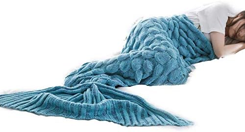 TONGQING Mermaid Tail Blanket, Crochet Knitted Sleeping Bag Sofa Bedding Cozy Blankets for Girls Adults Kids All Season (Peacock Blue)