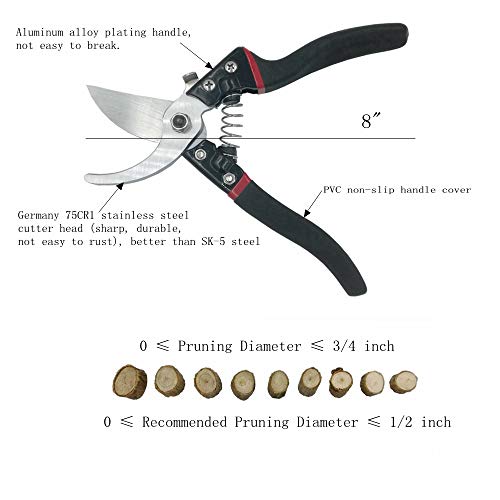 WOYESHENMU 8" Upgraded Pruning Shears £¨Germany 75CR1 Steel£, Professional Pruning Scissors for Garden, Sharp and Durable Bypass Pruner/Hand Pruners, Aluminum Alloy Handle Secateurs £¨Black£