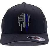 G&B Red Thin Red/Blue Line Spartan Helmet & Distressed Skull Flex Baseball Cap. Embroidered. 6277/6477 Flex Baseball Hat