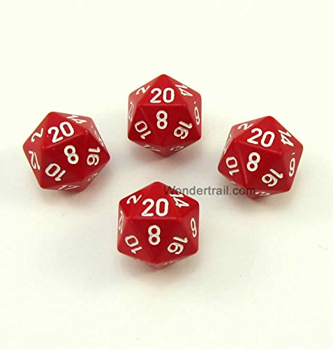 Red Opaque Dice with White Numbers D20 Aprox 16mm (5/8in) Pack of 4 Dice Chessex WCXPQ2004E4