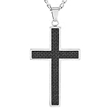 Crucible Stainless Steel Black Carbon Fiber Inlay Cross Pendant Necklace - 24
