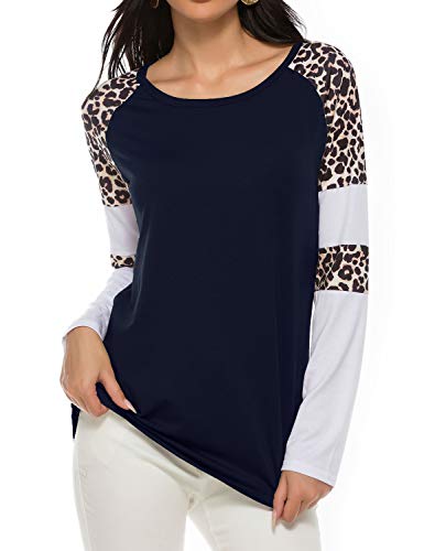 Womens Long Sleeve Tunics for Leggings Fashion Color Block Raglan Shirt Navy Blue M